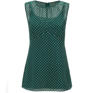 Cabi Womens V-neck Sleeveless Tank Top XS Green Pink Polka Dot Semi-sheer